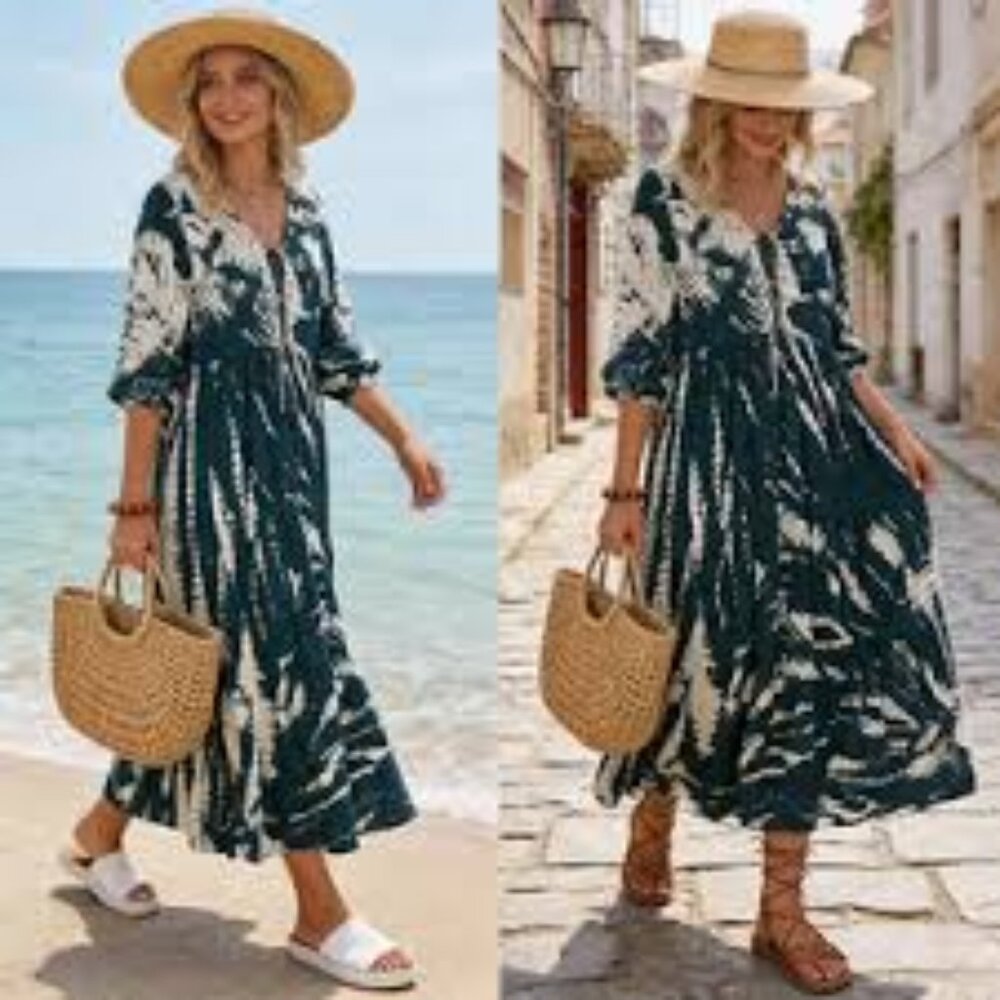 Young Fabulous & Broke Dawn Tie Dye Maxi Dress Beachy Boho Size L Teal/Ivory